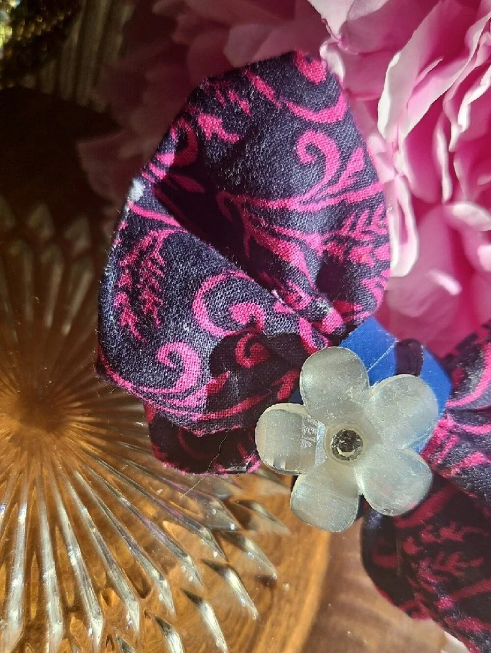 Hand Crafted Dog Collar Bow Tie Paisley Navy&Pink Flower Crystal NEW
